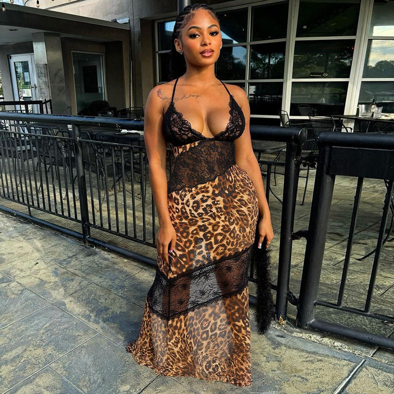 Leopard Print Lace Patchwork Deep V Mermaid Maxi Dress