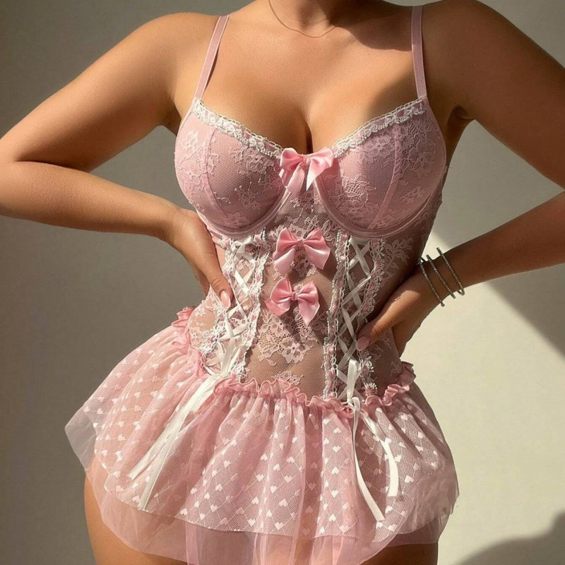 Lace-Up Bowknot Corset Babydoll Lingerie