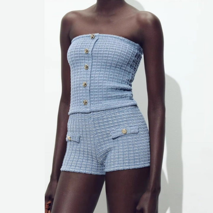Textured Tweed Button Front Crop Set
