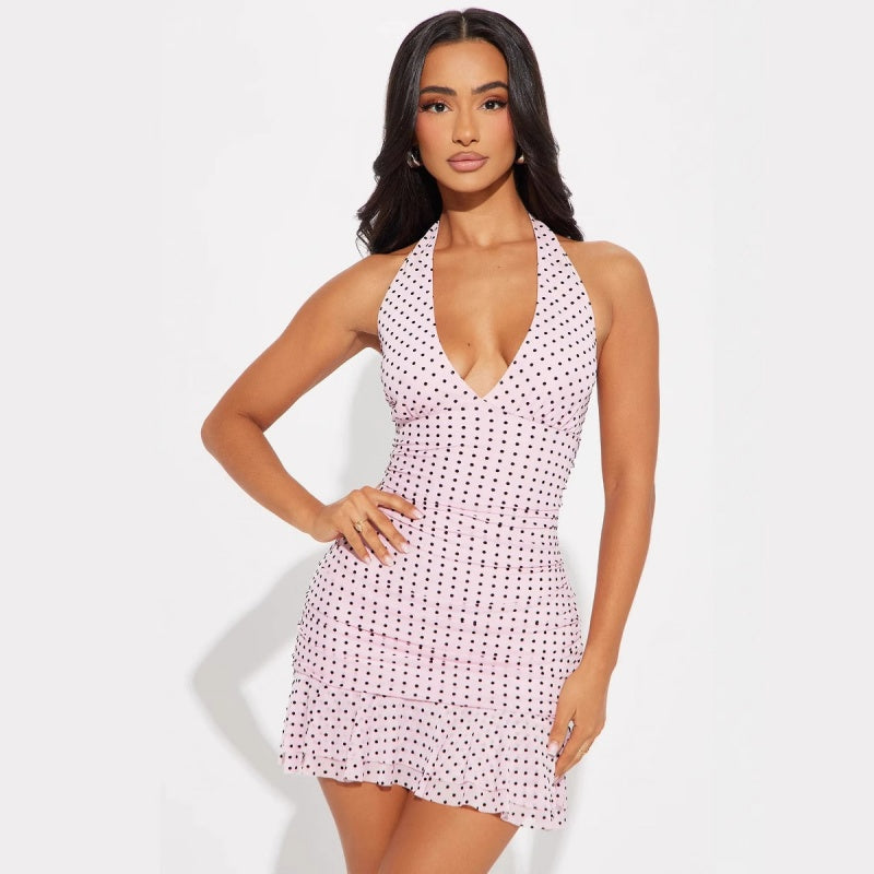 Halter Deep V Polka Dot Dress