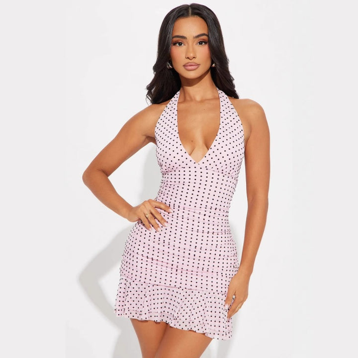 Halter Deep V Polka Dot Dress
