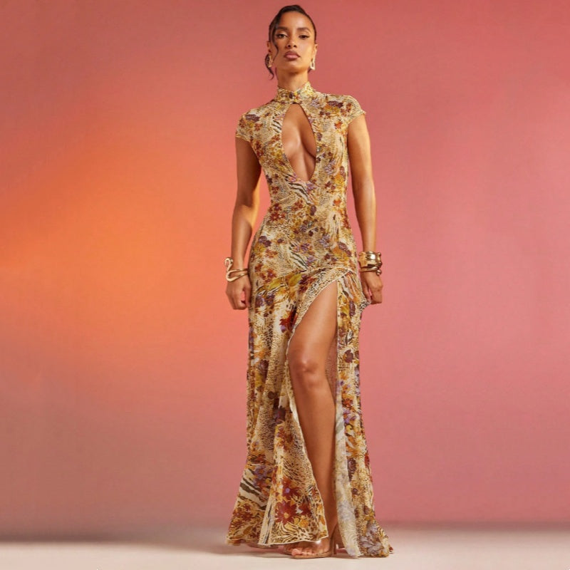 High Neck Floral Animal Print Mesh Maxi Dress
