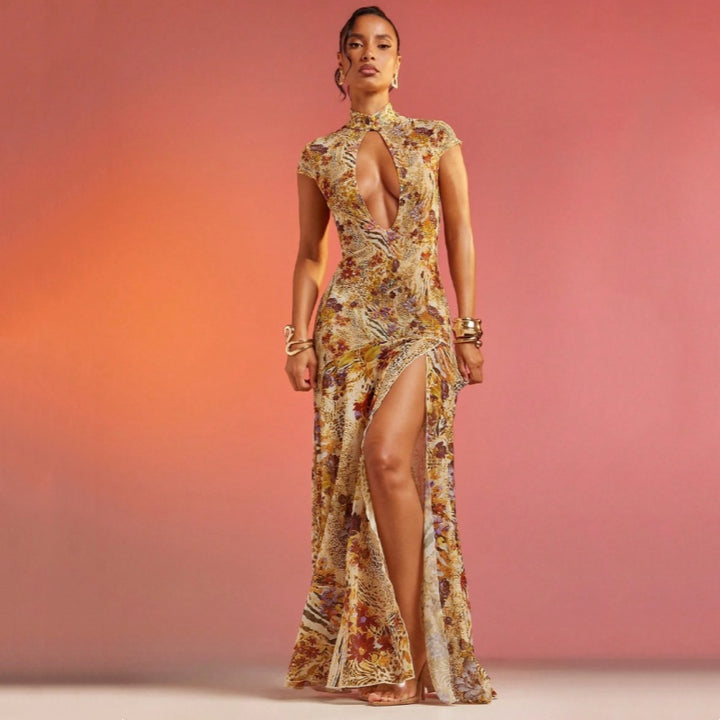 High Neck Floral Animal Print Mesh Maxi Dress