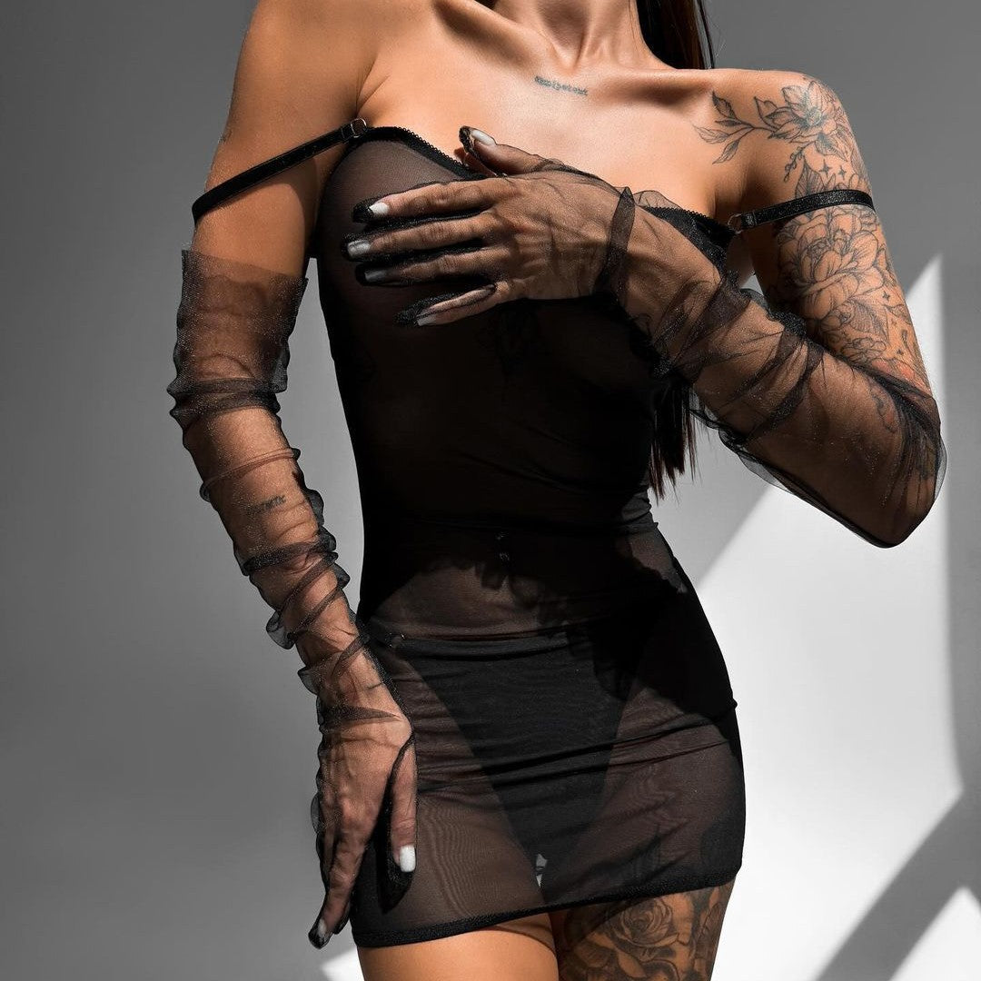 Spaghetti Strap Back Lace Up Sheer Mesh Chemise Set