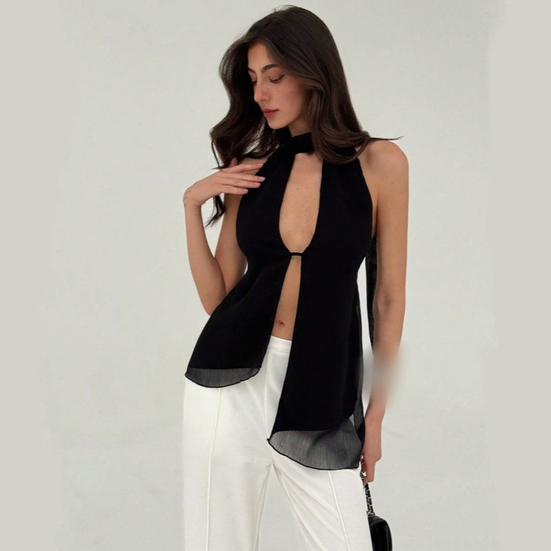 Backless Halter Keyhole Split Top
