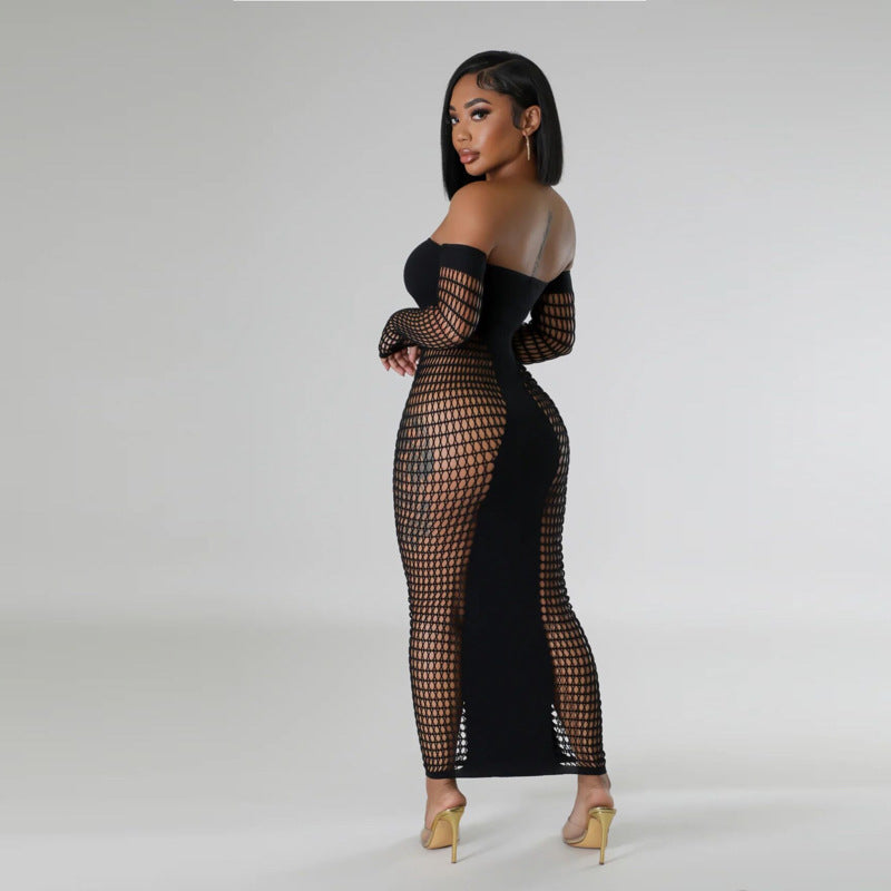 Off Shoulder Fishnet Patchwork Maxi Dress