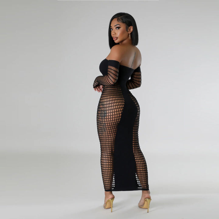 Off Shoulder Fishnet Patchwork Maxi Dress