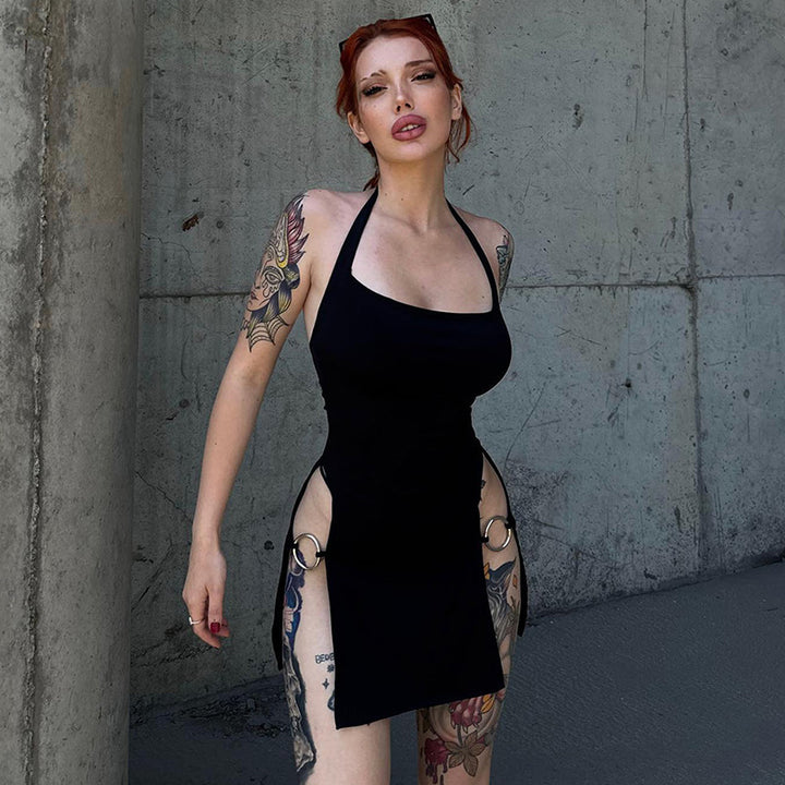 Halter O‑Ring Cutout Side Slit Mini Dress