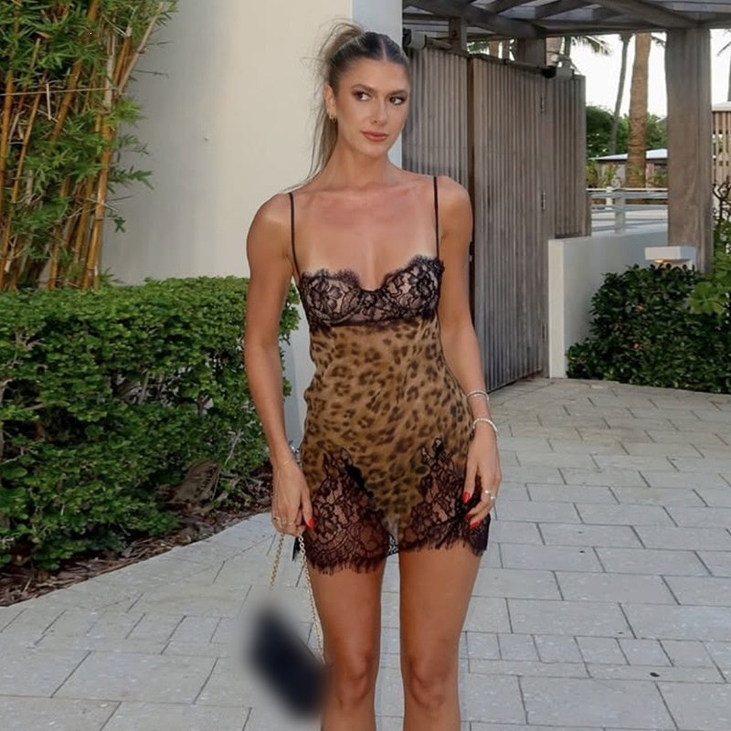 Leopard Lace Trim Slip Dress