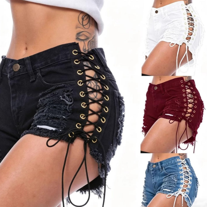 Side Lace Up Distressed Fringe Denim Shorts