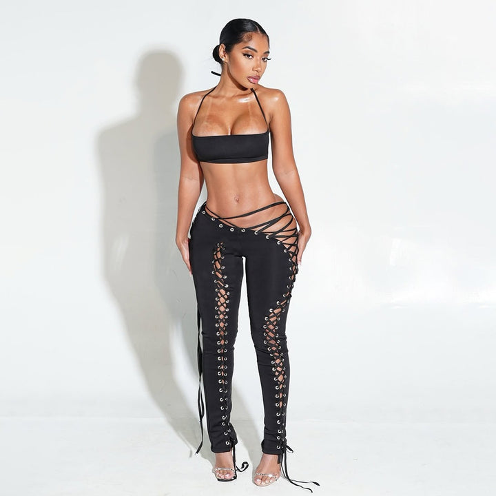 Halter Crop Top & Hollow Out Flared Pants Set