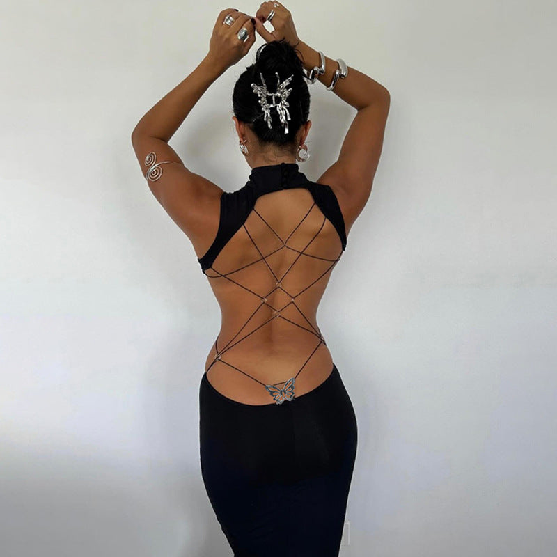 High Neck Sleeveless Butterfly Charm Maxi Dress