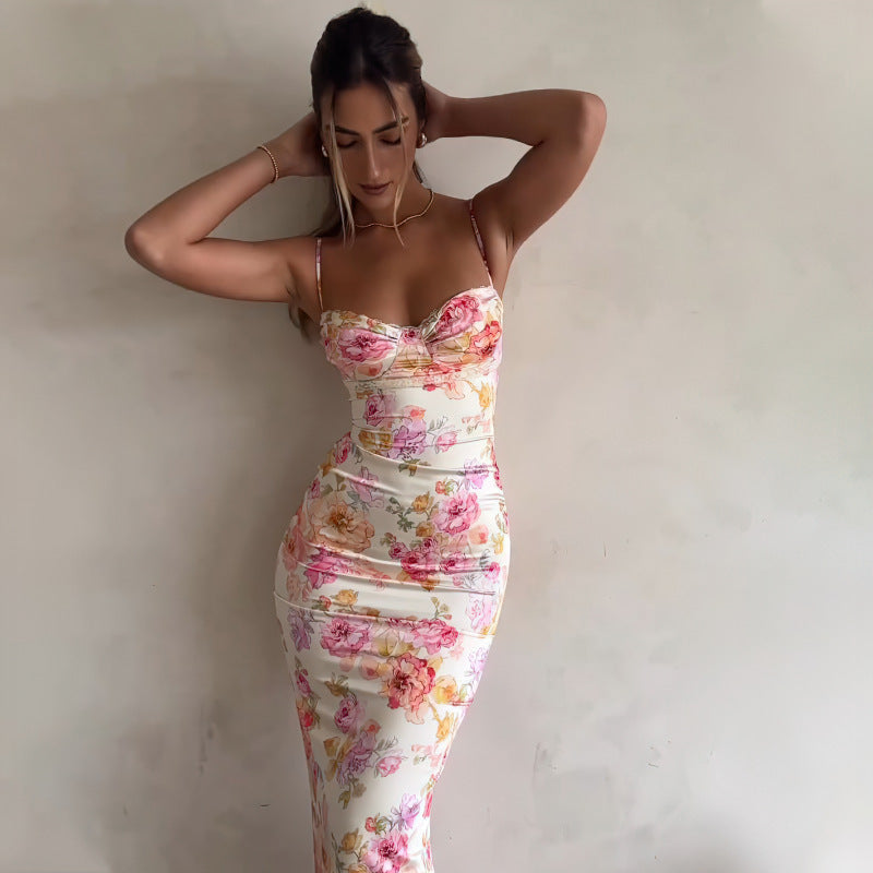 Floral Satin Cami Ruched Midi Dress