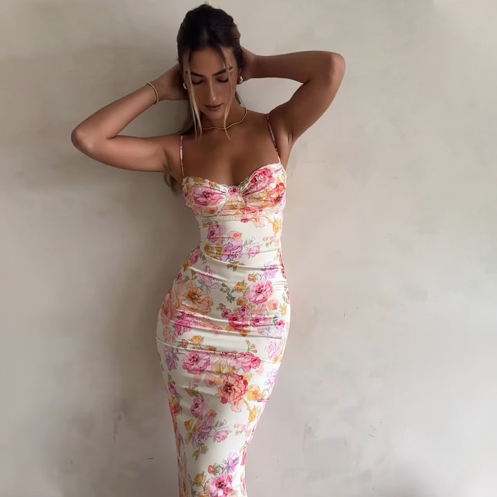 Floral Satin Cami Ruched Midi Dress