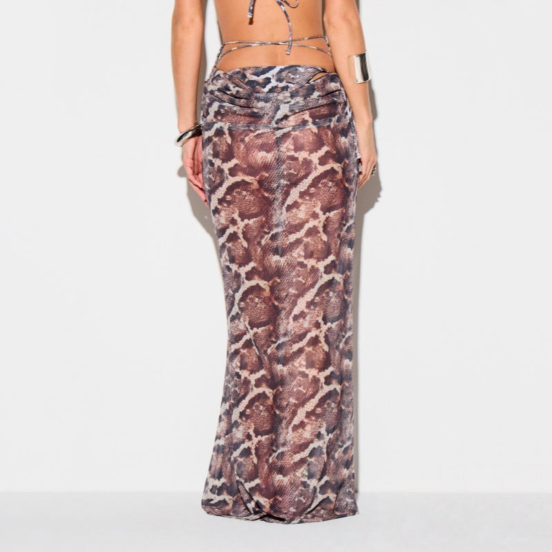 Sheer Mesh Ruched Waist Tie Long Skirt