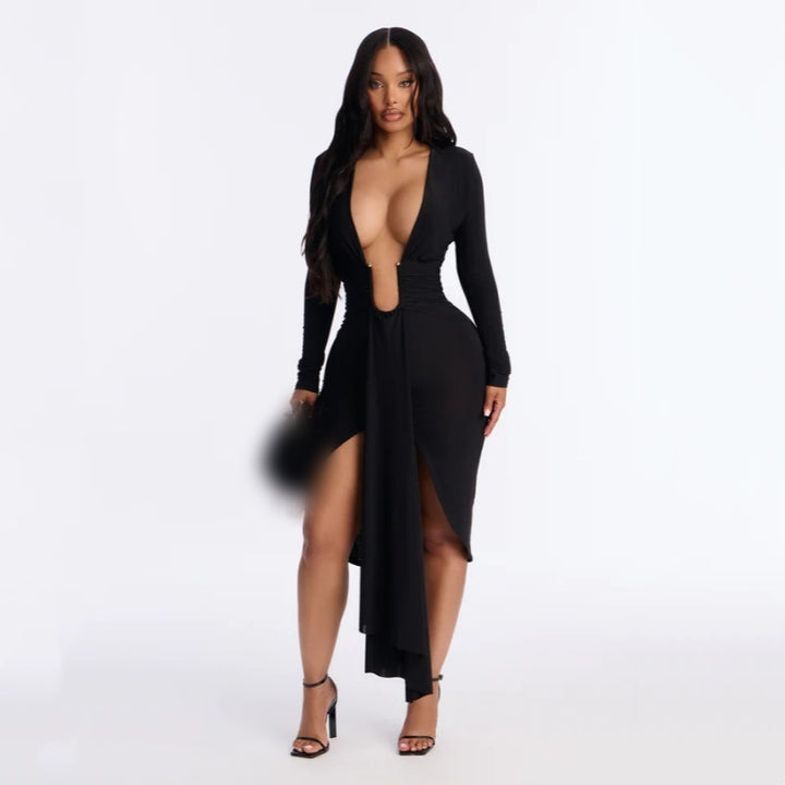 Long Sleeve Deep V Bodycon Midi Dress