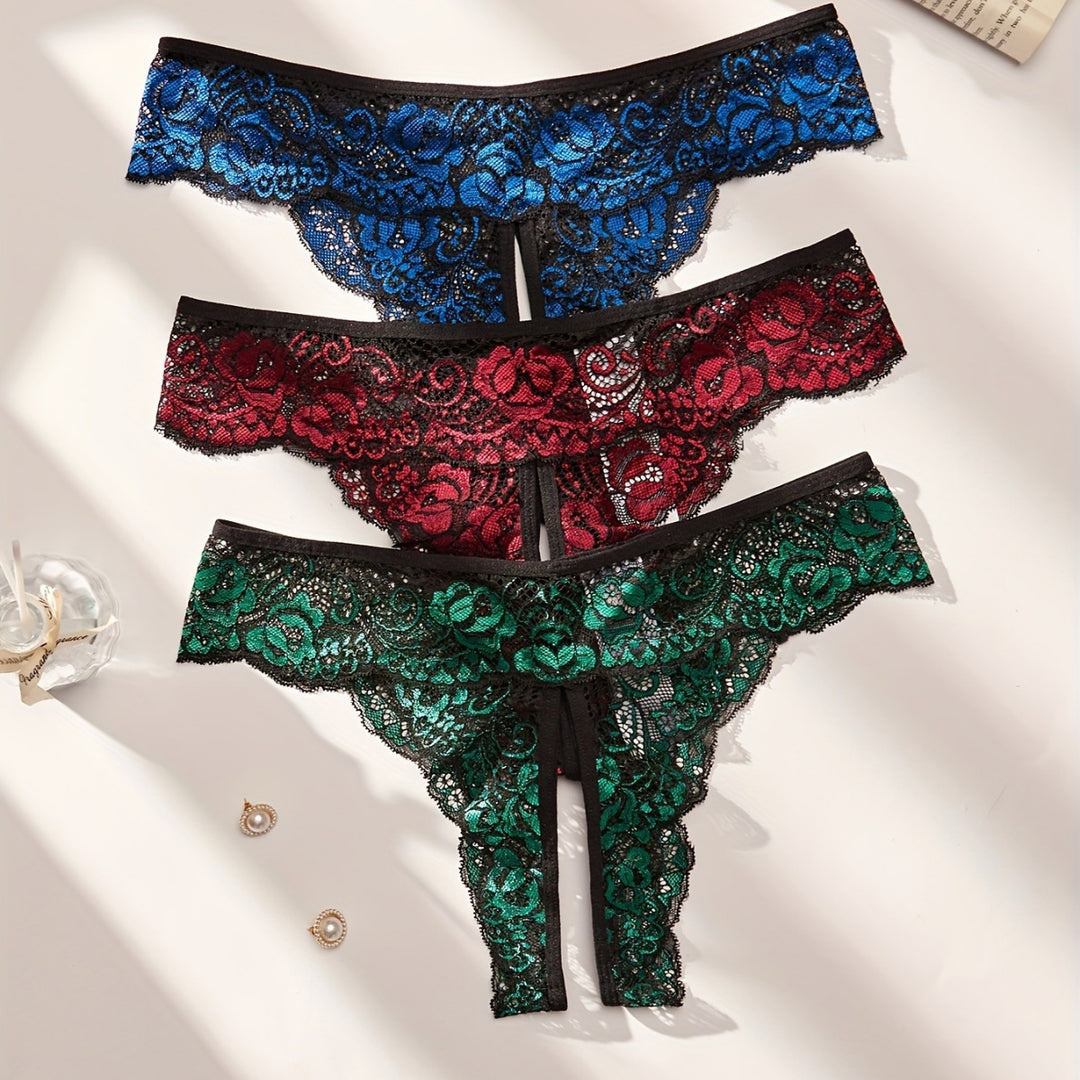 Floral Lace Seduction Open-Crotch Thong