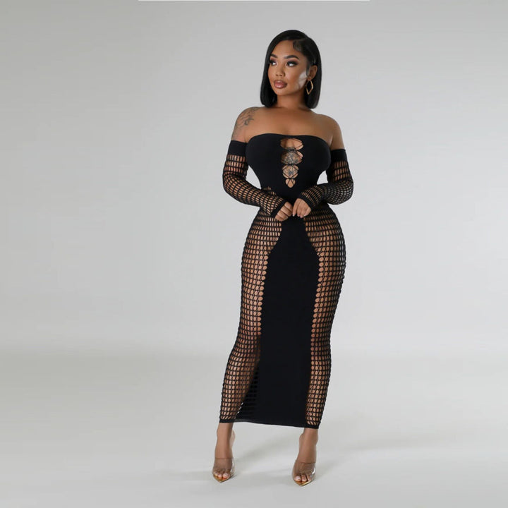 Off Shoulder Fishnet Patchwork Maxi Dress