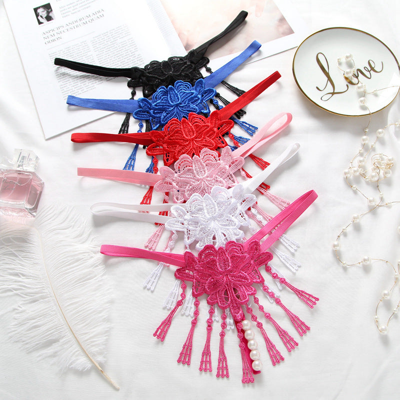 Floral Lace Tassel Pearl Thong