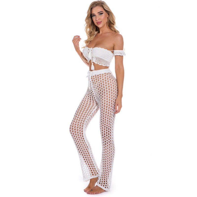 Fishnet Crochet Drawstring Flare Cover Up Pants