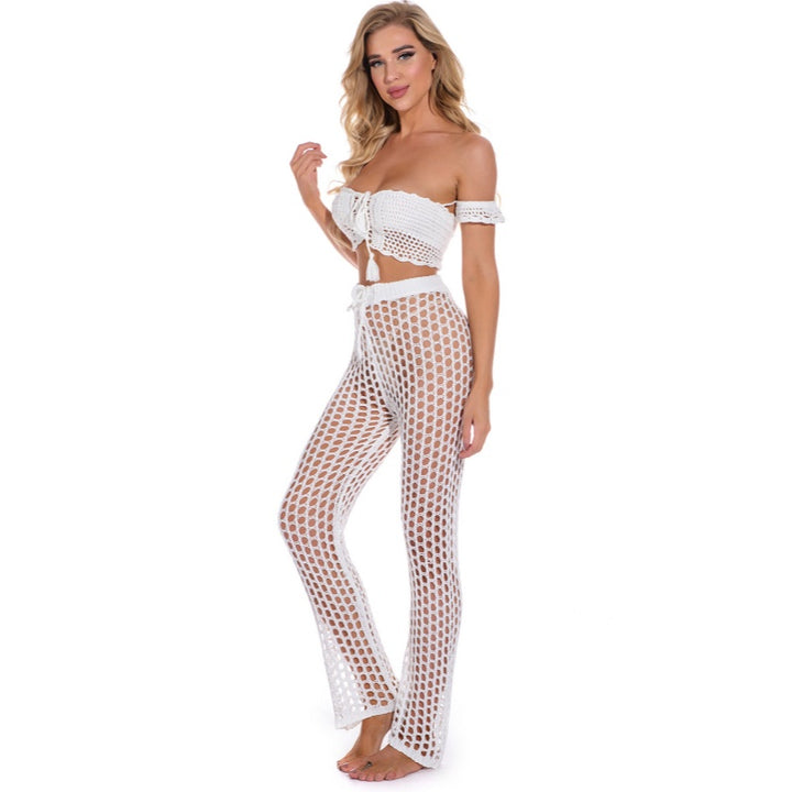 Fishnet Crochet Drawstring Flare Cover Up Pants