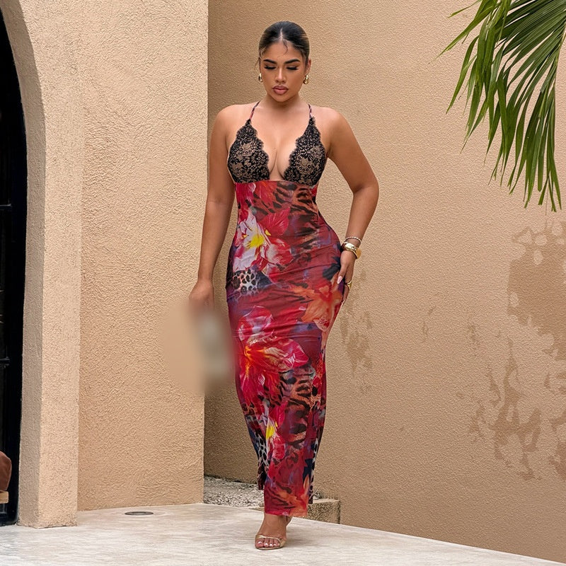 Lace Trim Floral Mermaid Maxi Dress