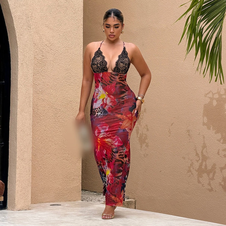 Lace Trim Floral Mermaid Maxi Dress