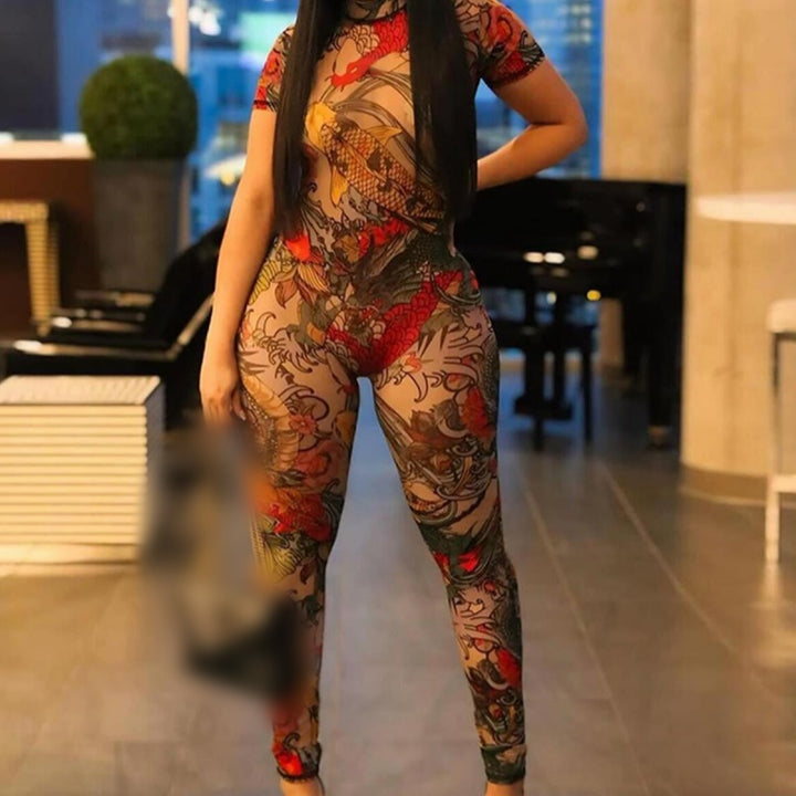 Printed Sheer Mesh Mock Neck Jumpsuit
