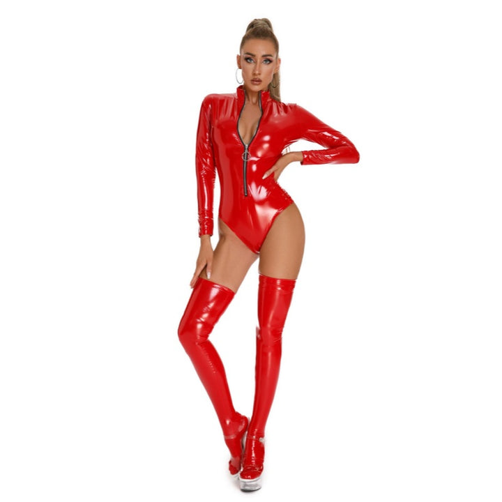Glossy Patent PU Zip Up Turtleneck Bodysuit