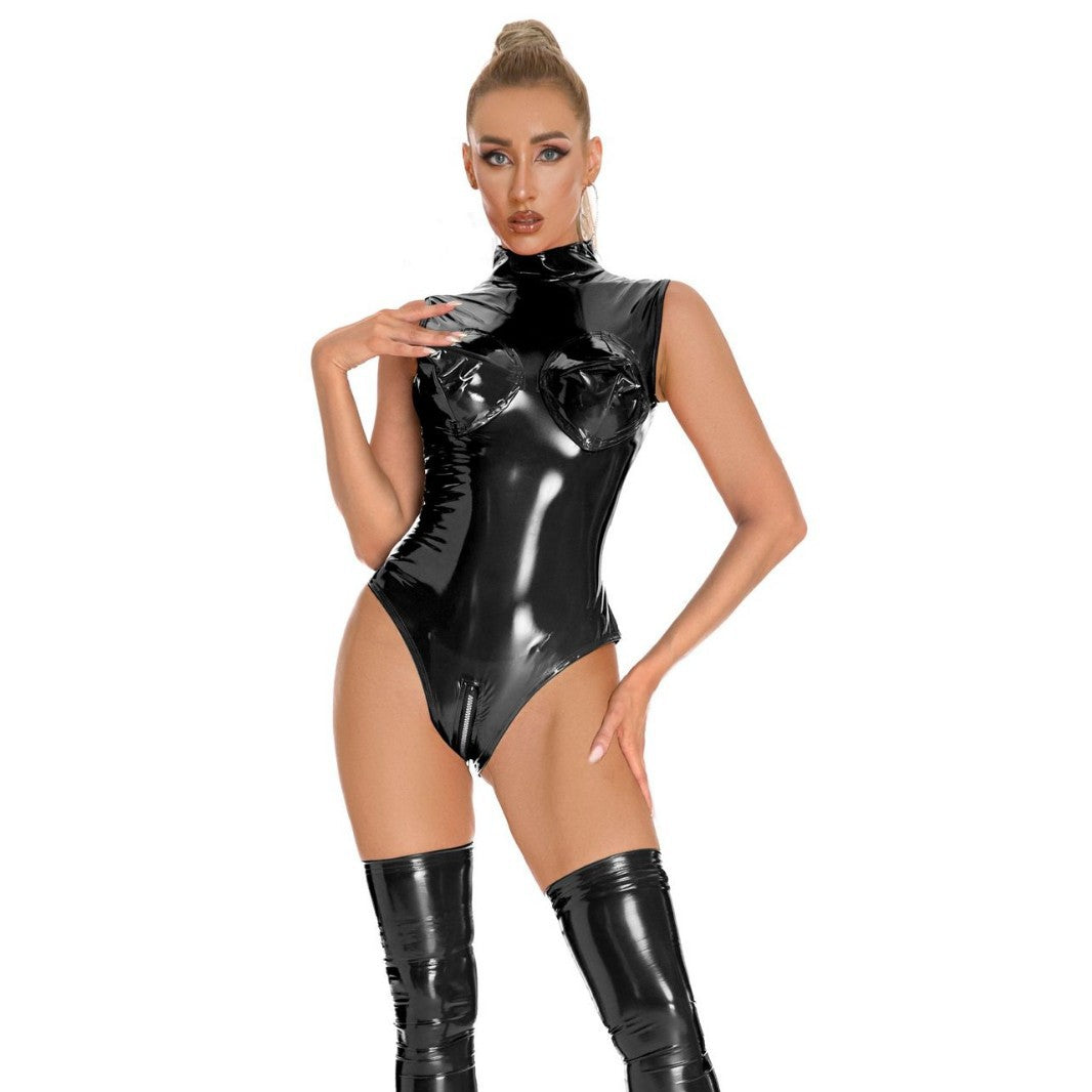Detachable Chest Cups Patent Leather Bodysuit
