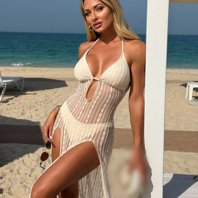 Halter Textured Knit Keyhole Split Beach Dress