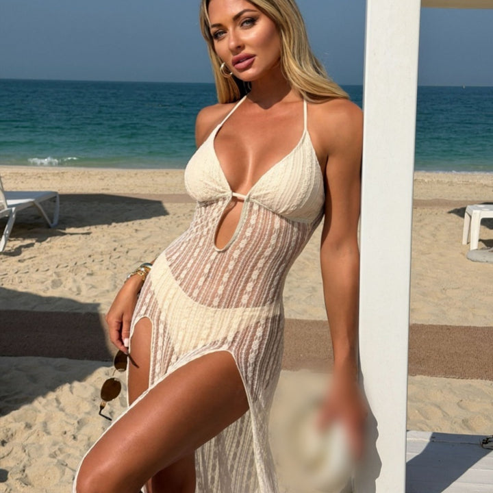 Halter Textured Knit Keyhole Split Beach Dress