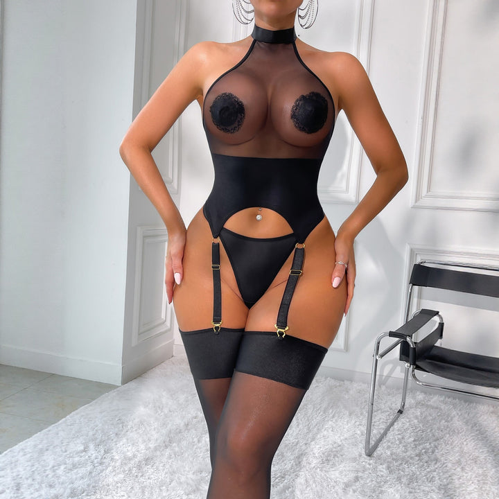 Halter Mesh See-Through Bodystocking Lingerie Set