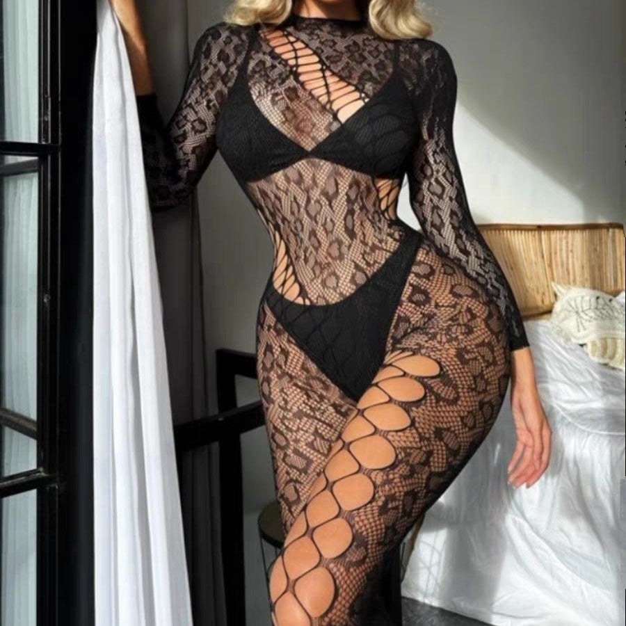 Hollow-out see-through net clothes exposed breast sexy hottie onesie