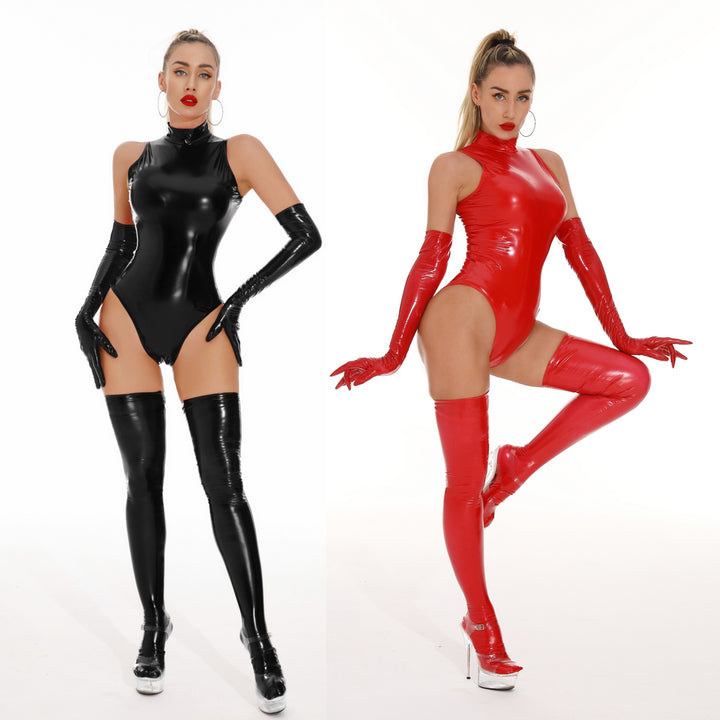 Glossy Patent Sleeveless High Neck Bodysuit
