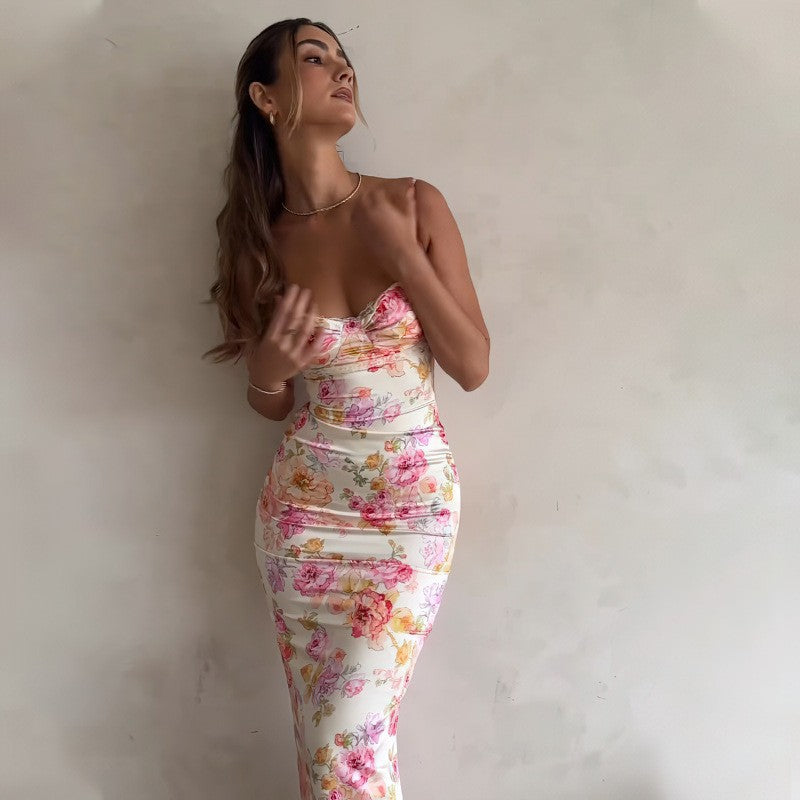 Floral Satin Cami Ruched Midi Dress