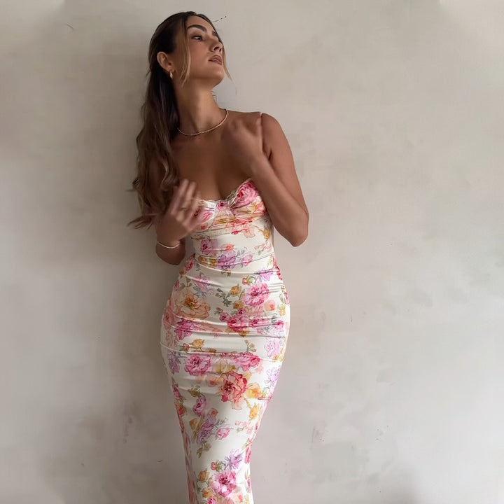 Floral Satin Cami Ruched Midi Dress