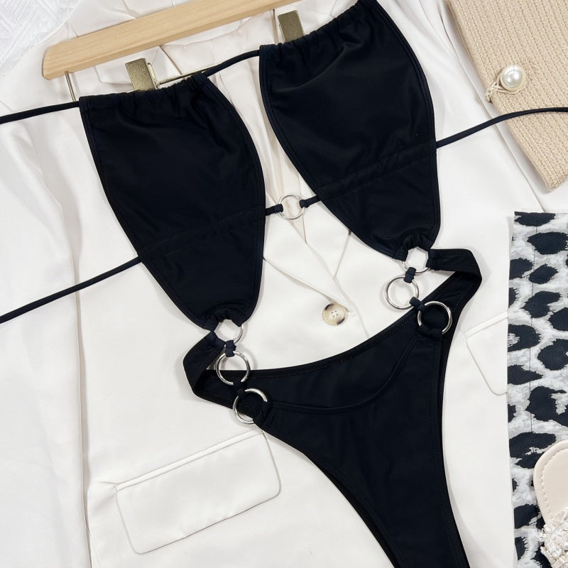 Metal Ring Cutout Halter One Piece Swimsuit