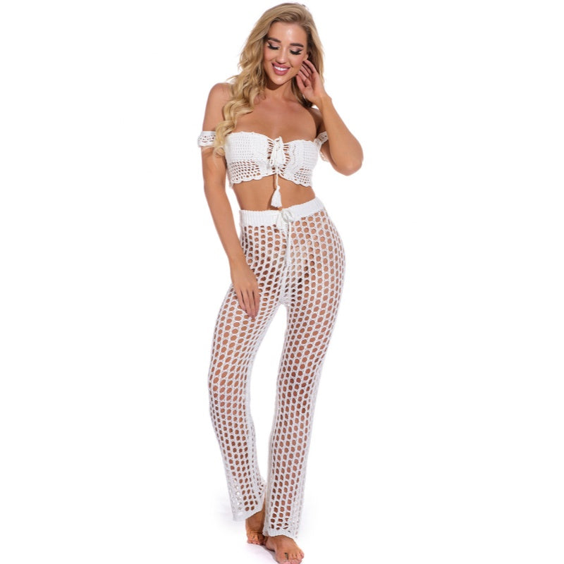 Fishnet Crochet Drawstring Flare Cover Up Pants