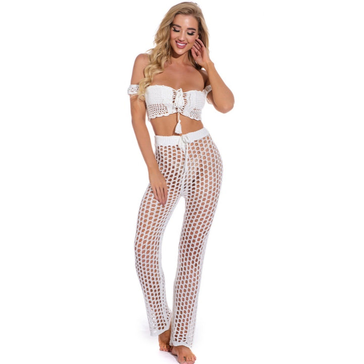 Fishnet Crochet Drawstring Flare Cover Up Pants