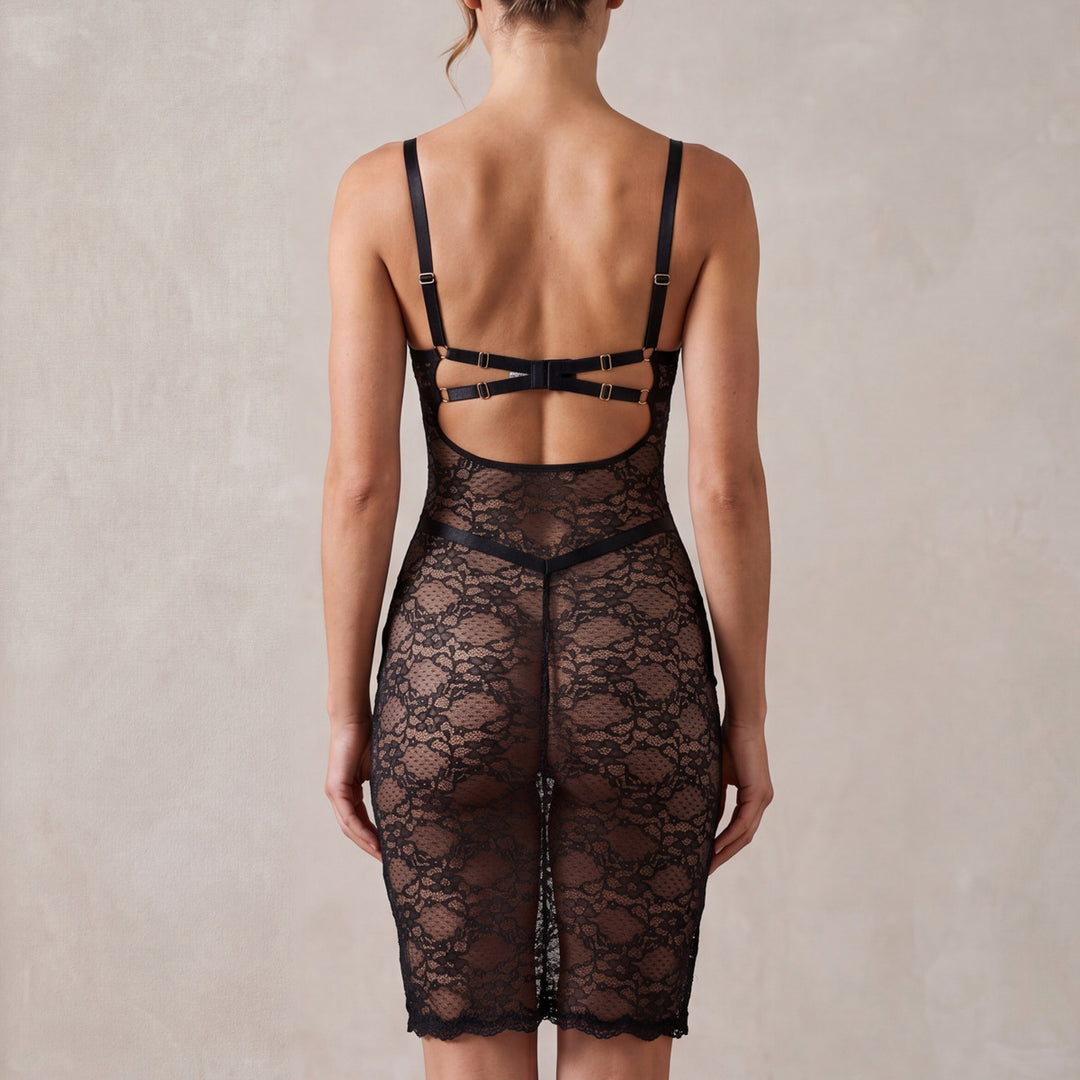 Metal Ring Sheer Lace Midi Slip Chemise