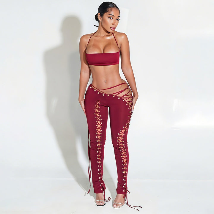 Halter Crop Top & Hollow Out Flared Pants Set