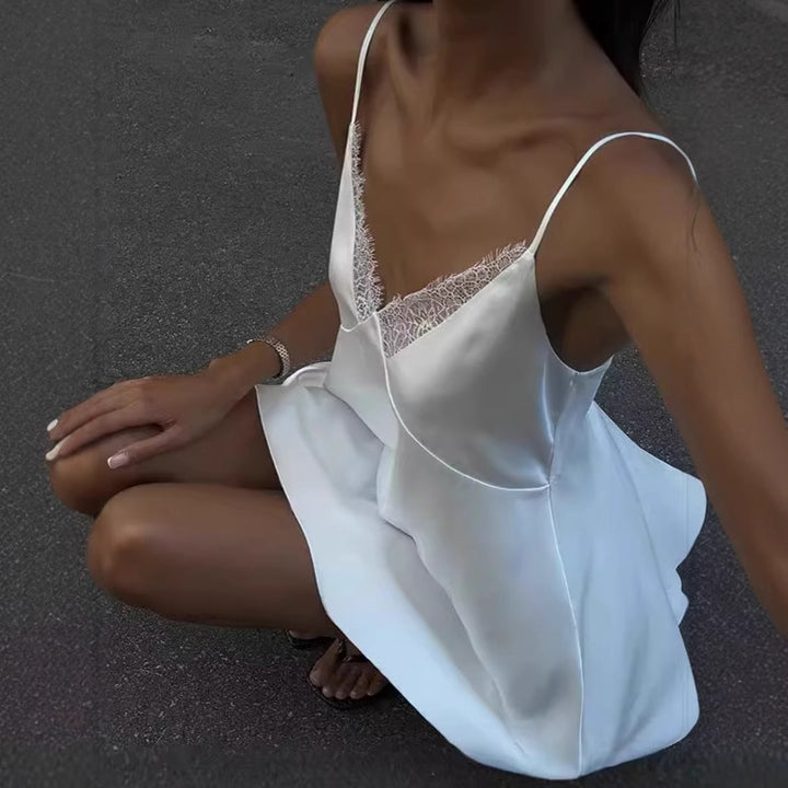 Gloss Satin Lace V-neck Slip Dress
