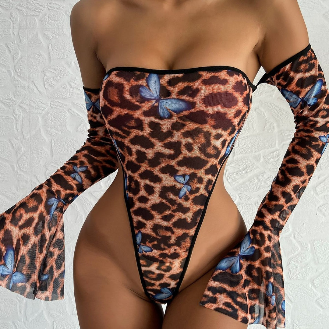 Leopard Print Butterfly Mesh Off-Shoulder Bodysuit