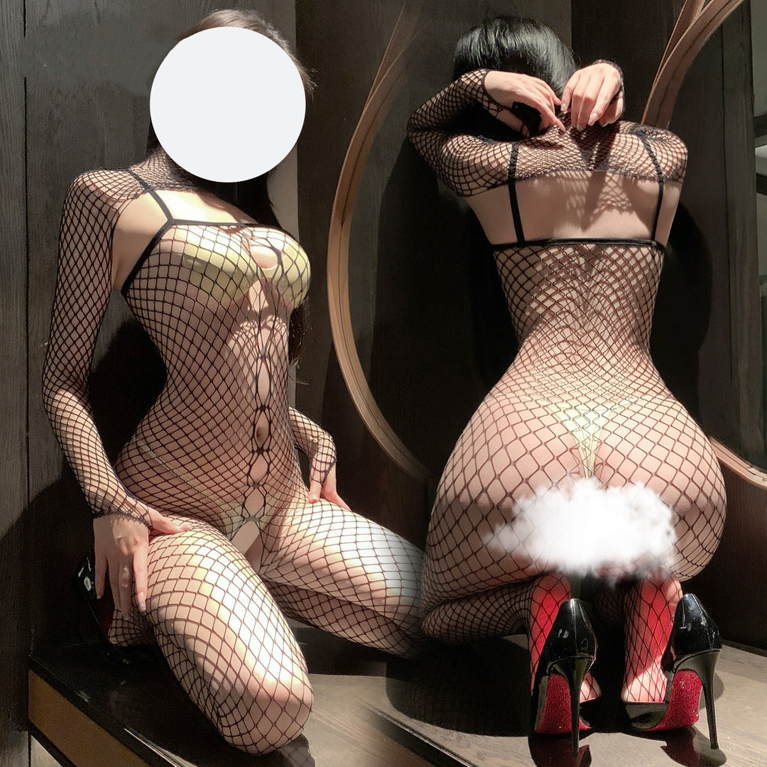 Turtleneck Long Sleeve Hollow Out Fishnet Bodystocking