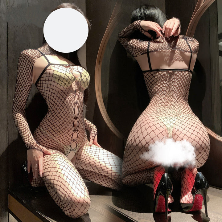 Turtleneck Long Sleeve Hollow Out Fishnet Bodystocking