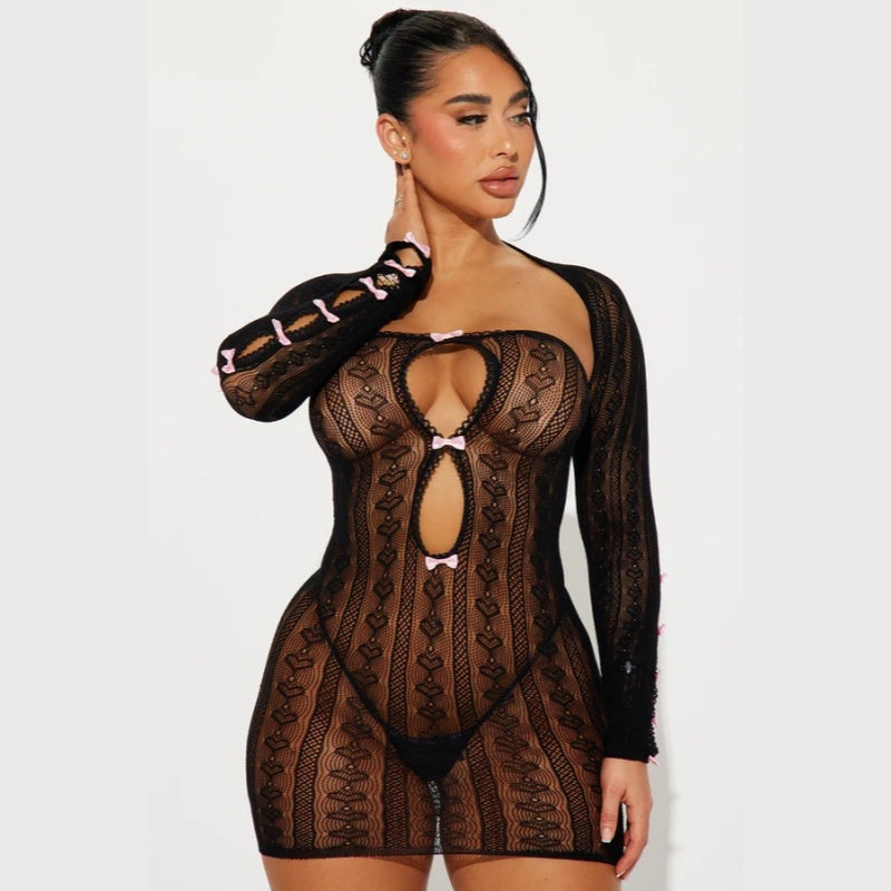 Hollow-Out Bowknot Fishnet Bodycon Sheer Mini Dress