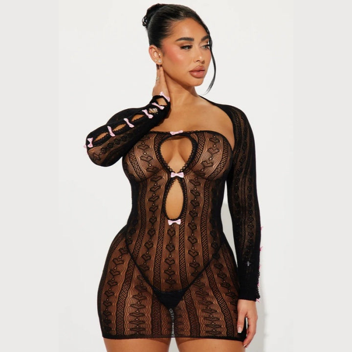 Hollow-Out Bowknot Fishnet Bodycon Sheer Mini Dress