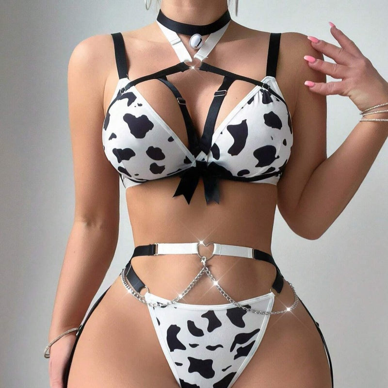 Cow Print Strappy Lingerie Set