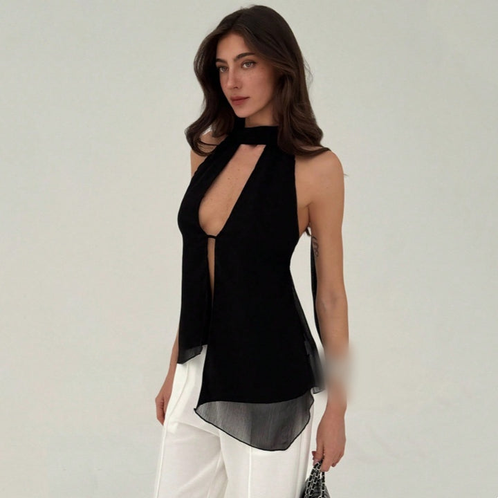 Backless Halter Keyhole Split Top